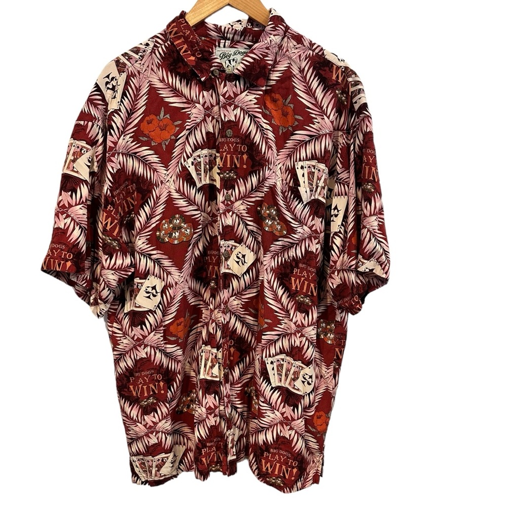 Big Dogs Red Hawaiian Camp Shirt Gambling Poker VEGAS Coconut Buttons UP LARGE L